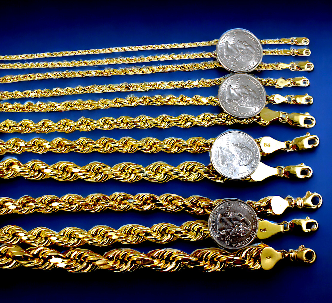 10K Yellow Gold Rope Necklace Chain Diamond Cut Real Gold 2mm-12mm 16″-30″