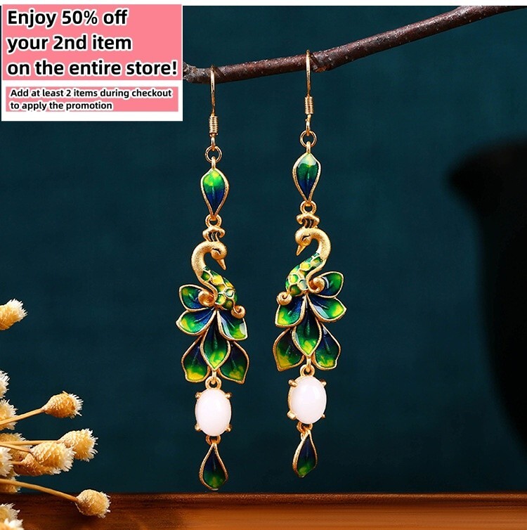 Jade Drop Dangle Earrings Peacock Cloisonne Bohemian Ear Hook 18K Gold Plated