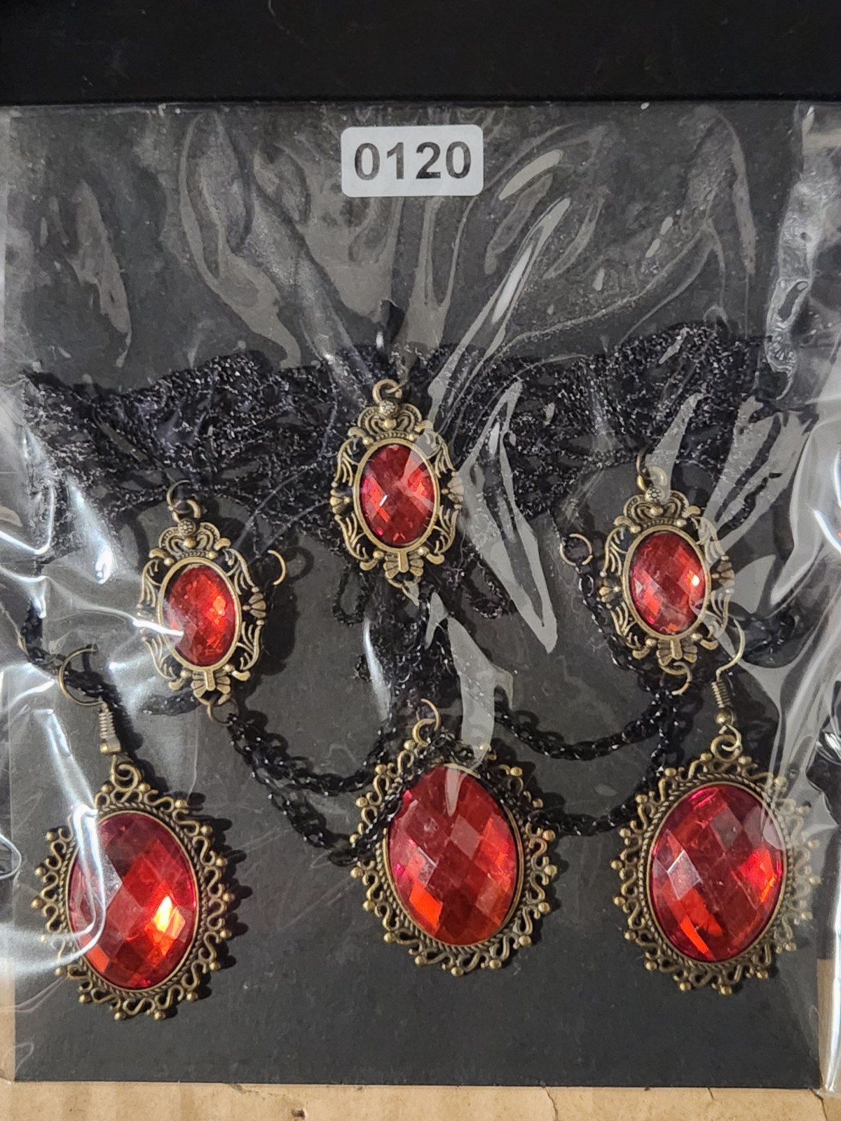 #0120 – Red Gothic Lace Choker Necklace & Earrings Set Victorian Antique Gold…