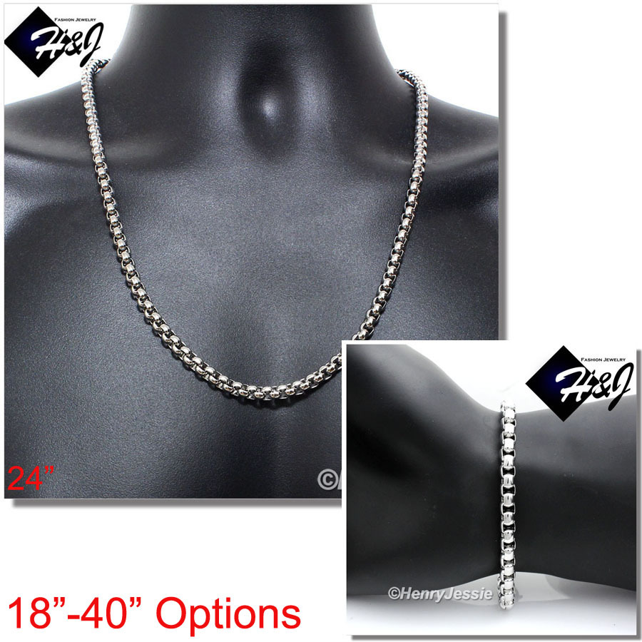 18-40″MEN Stainless Steel 5mm Silver Smooth Box Link Chain Necklace Bracelet SET