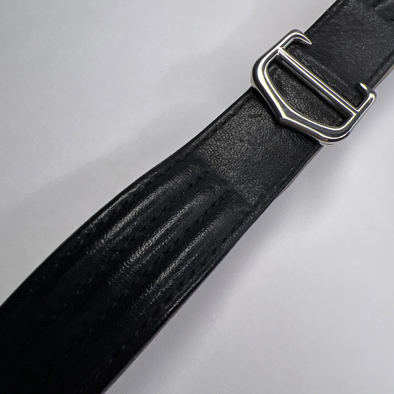 19mm Cartier Black Ridged Leather Strap Band 18mm Steel Foldover Deployant Clasp
