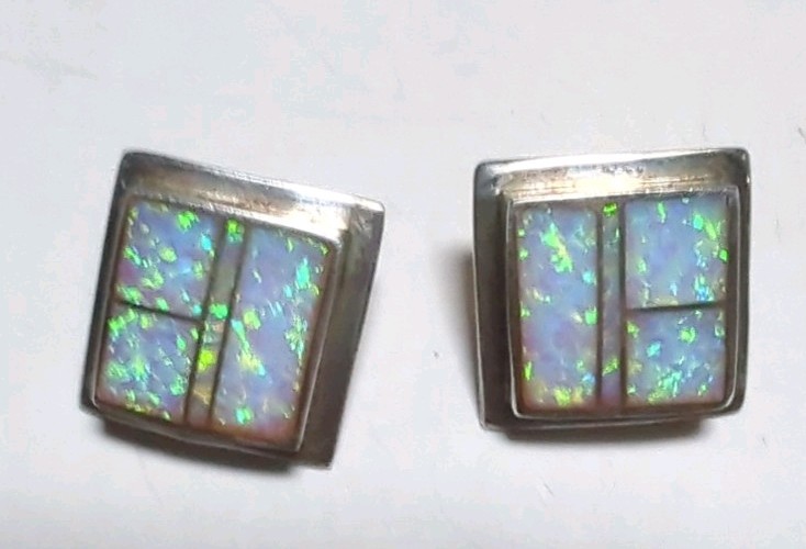 Native American Square Opal Inlay Stud Earrings Signed With C And Other Emblem