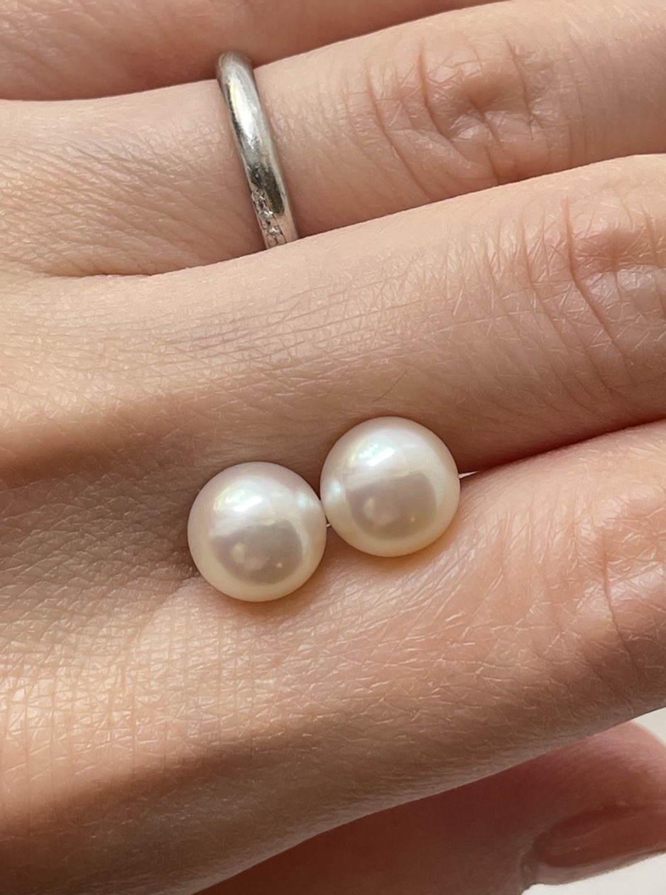 Japanese Akoya Pearl Stud Earrings 9mm Untreated Natural Color K14 Solid Gold