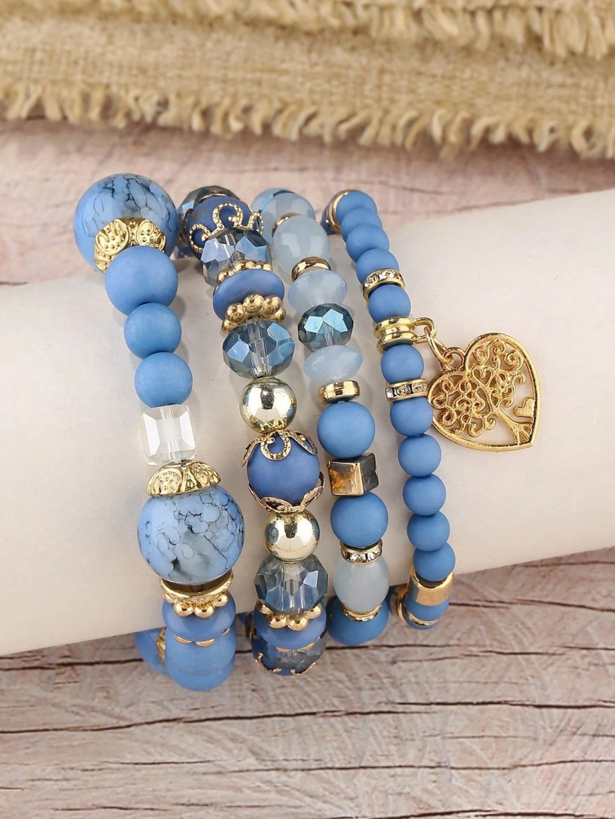 4Pcs Boho Blue Beaded Stretch Bracelet Set Crystal Heart Tree of Life Women