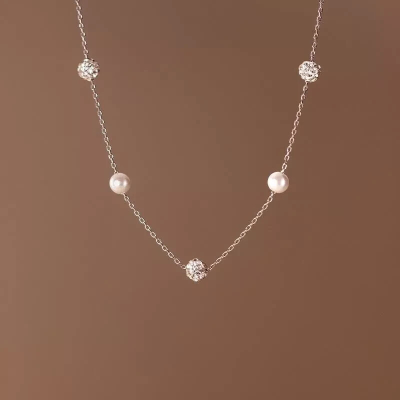 Woman Real S925 Sterling Silver Starry CZ Pearl Necklace Chain