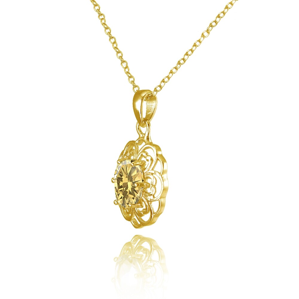 Yellow Gold Flashed Sterling Silver Citrine Filigree Oval Flower Necklace