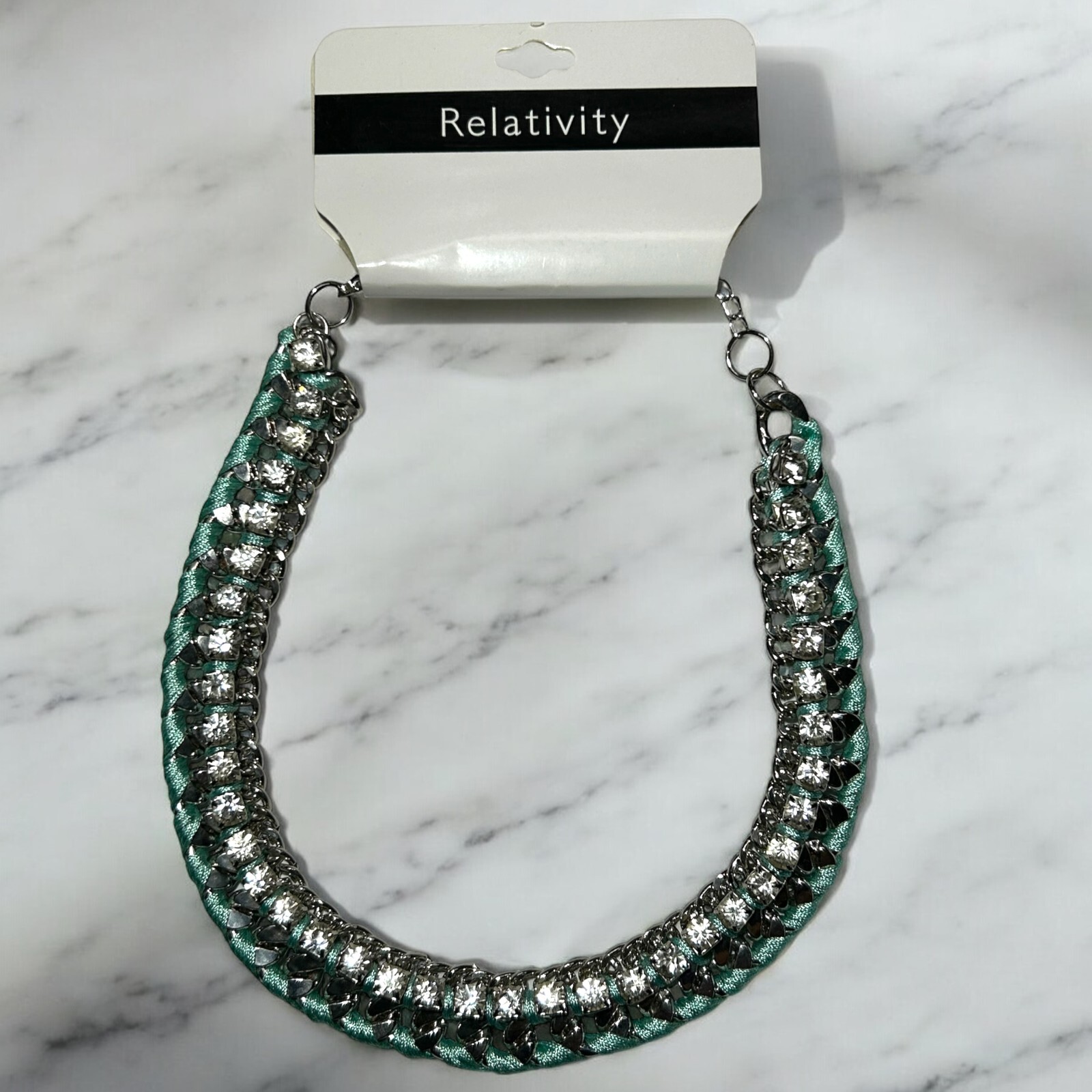 Relativity Necklace Choker Chain Link Silver Turquoise Thread Diamond Bling NWT