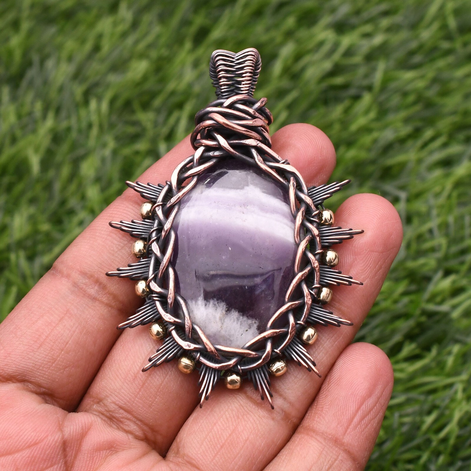Amethyst Lace Gemstone Copper Wire Wrap Handmade Jewelry Pendant 2.28″