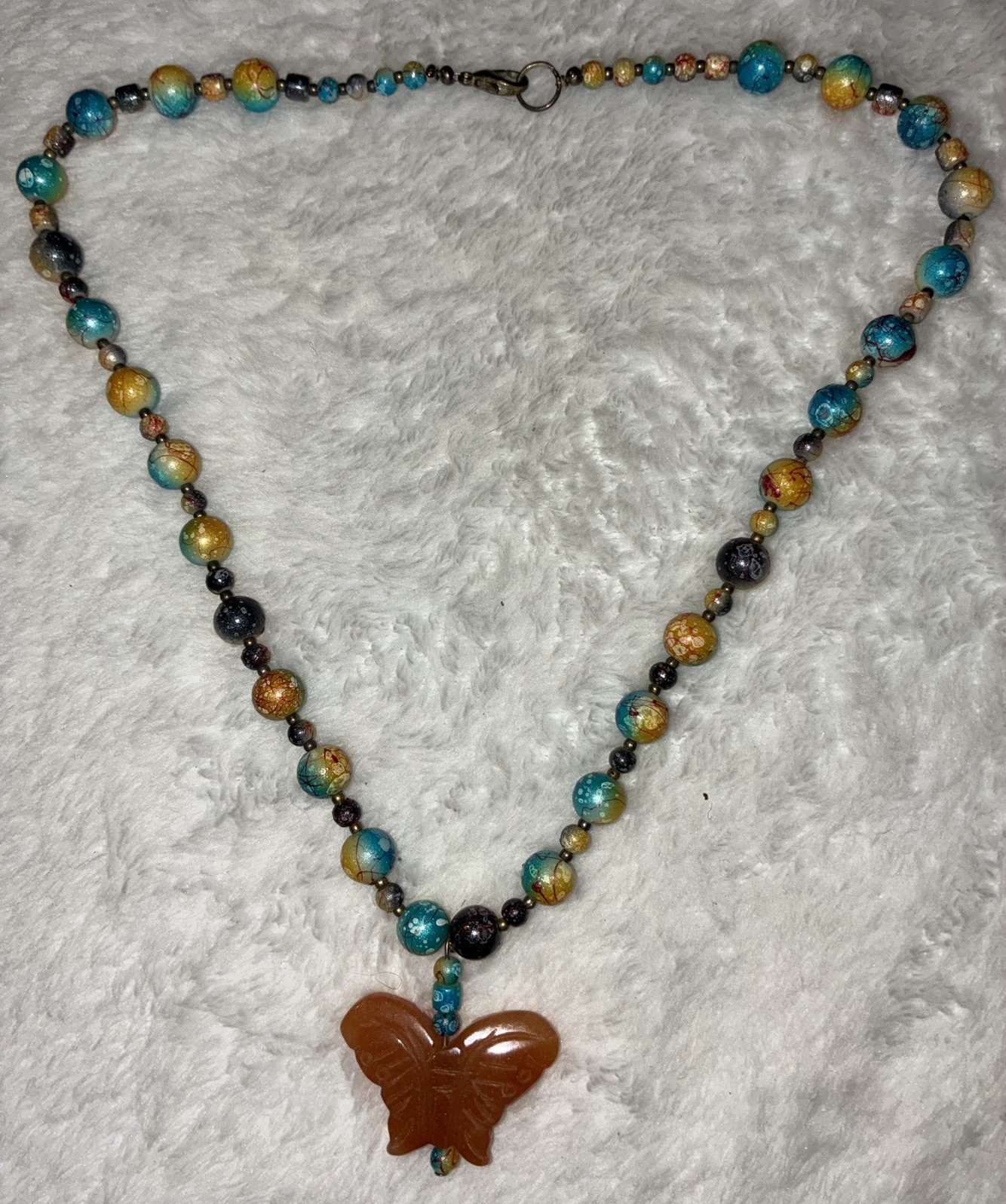 Handmade Gemstone Butterfly Pendant Necklace Boho Carved Carnelian Agate Glass