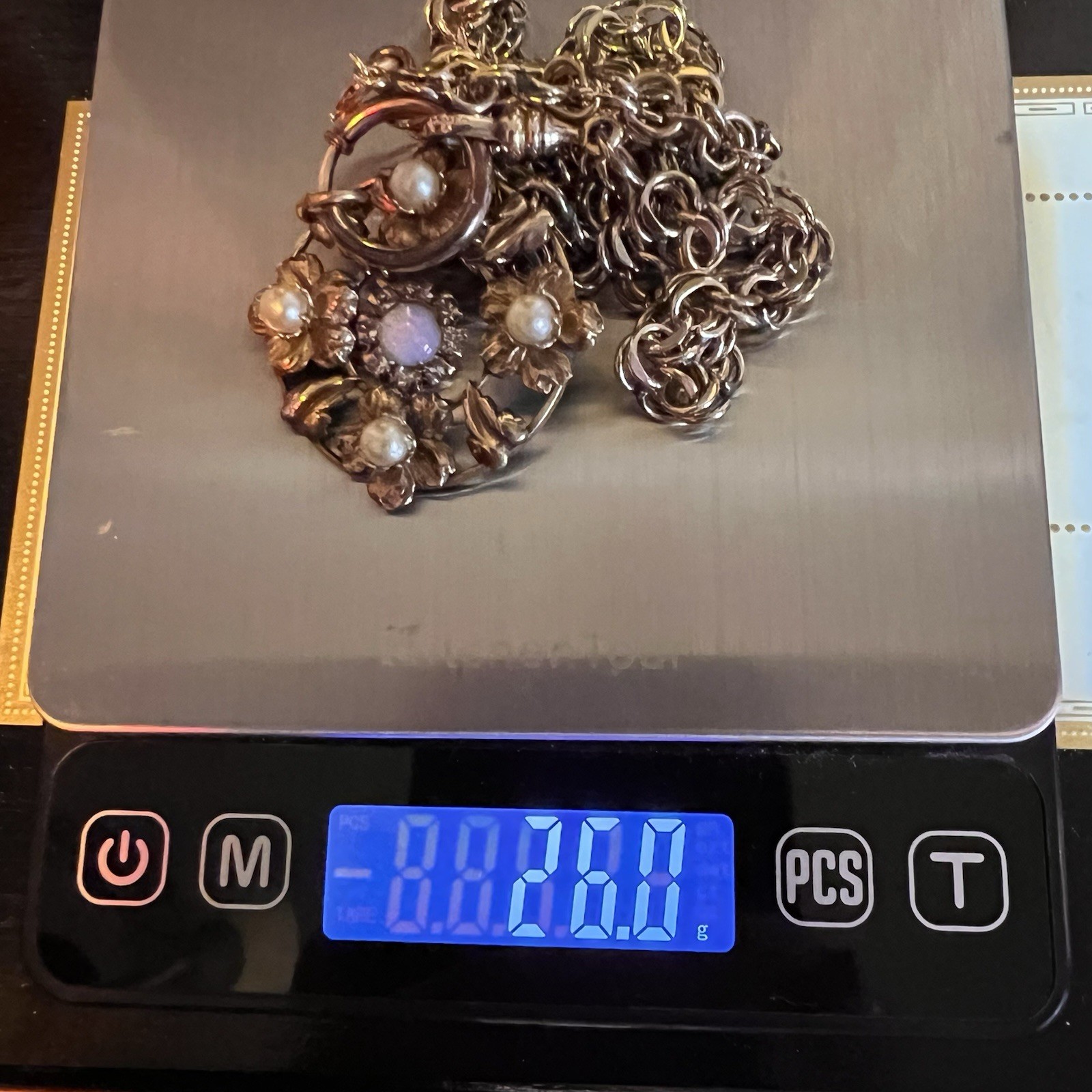 26g Vintage 12k Gold Filled Pocket Watch Chainmail Chain FOB Necklace, Faux Opal