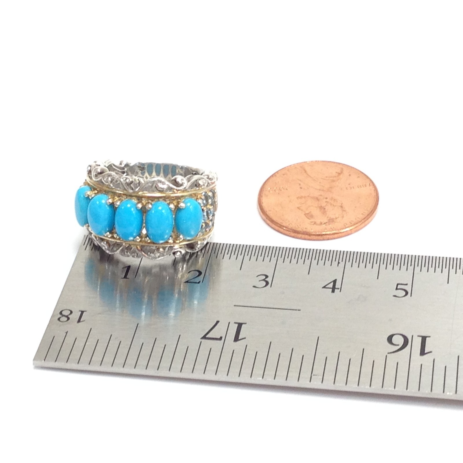 Gems en Vogue Michael Valitutti Sterling Silver Two Tone 5 Turquoise Ring Size 4