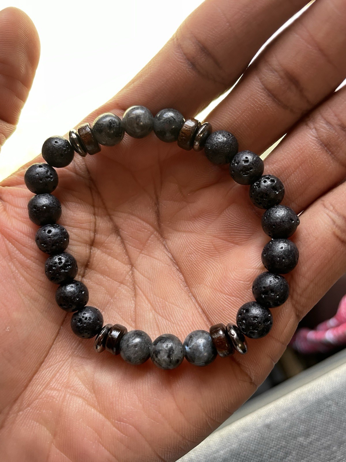 Black & Gray Lava Rock Beaded Stretch Bracelet, Stackable Round Stone Beads
