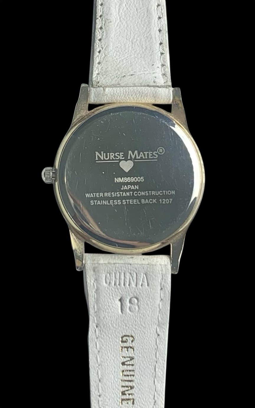 Nurse Mates Womens Watch NEW Battery & White Leather Band Medical Dial Quartz