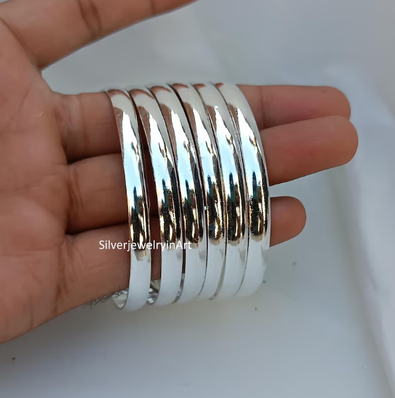 Handmade Sterling Silver Half Round Bangle 7Set – Stackable Woman Bangles Si100