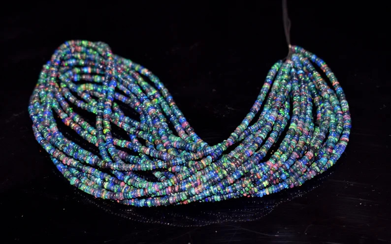 AAA Welo Fire Opal Beads: Ethiopian Black Multi Fire Opal Rondelles (3-5mm) 16′