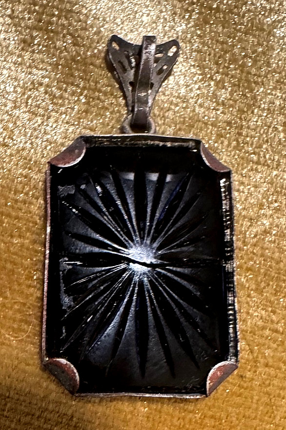 Antique Ornate Border with Black Onyx Mourning Pendant Etched Cross & Star Prism