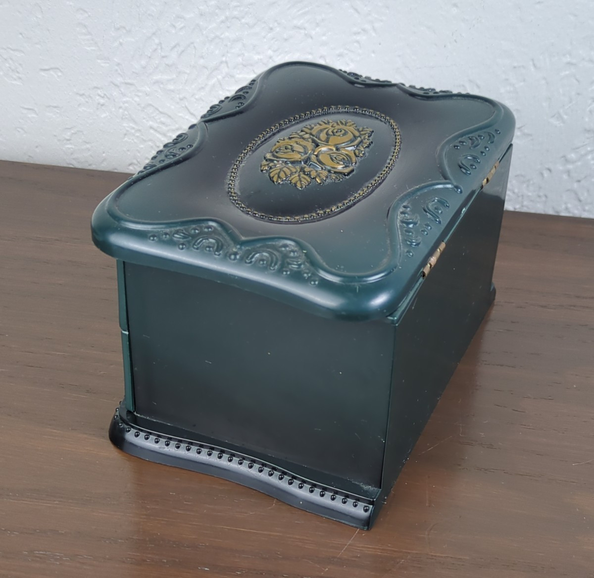 Plastic Table Top Dresser Drawer Jewelry Box Dark Green Gold Florals Paisley Fab