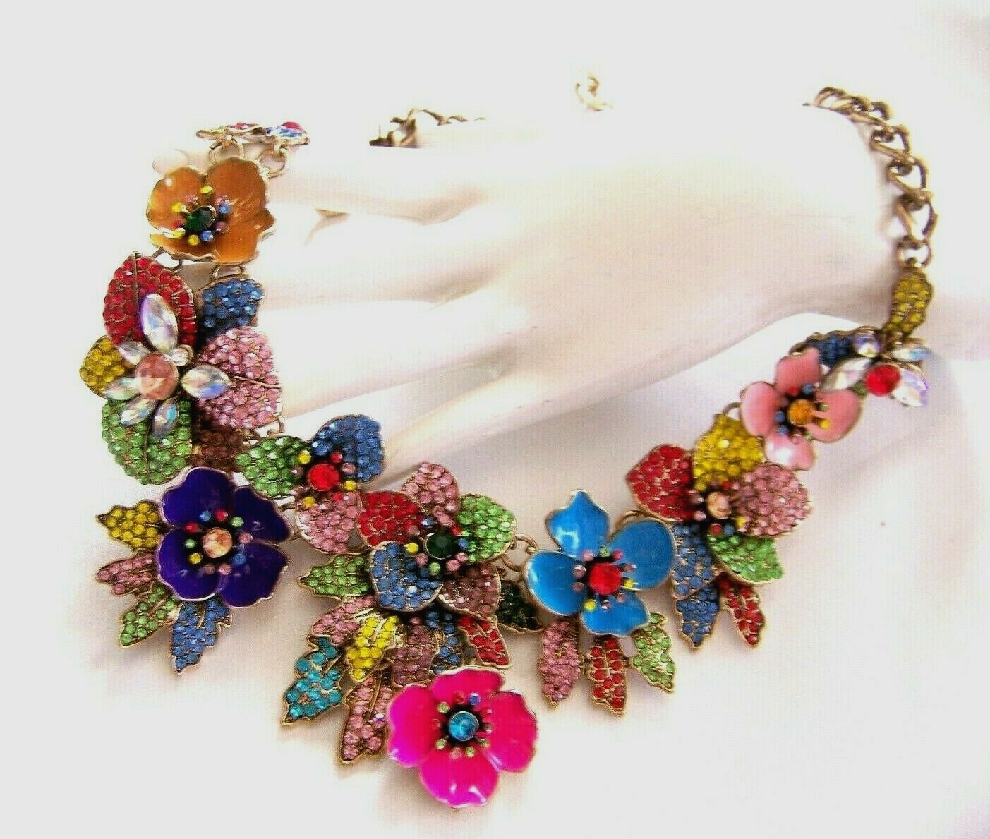 MULTI COLOR FLORAL BOUQUET VTG Style Pave Rhinestone Enamel Bib Necklace