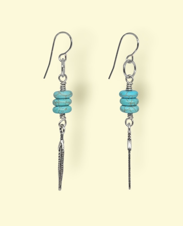 Handmade Turquoise Howlite Silver Feather Western Dangle Boho Earrings
