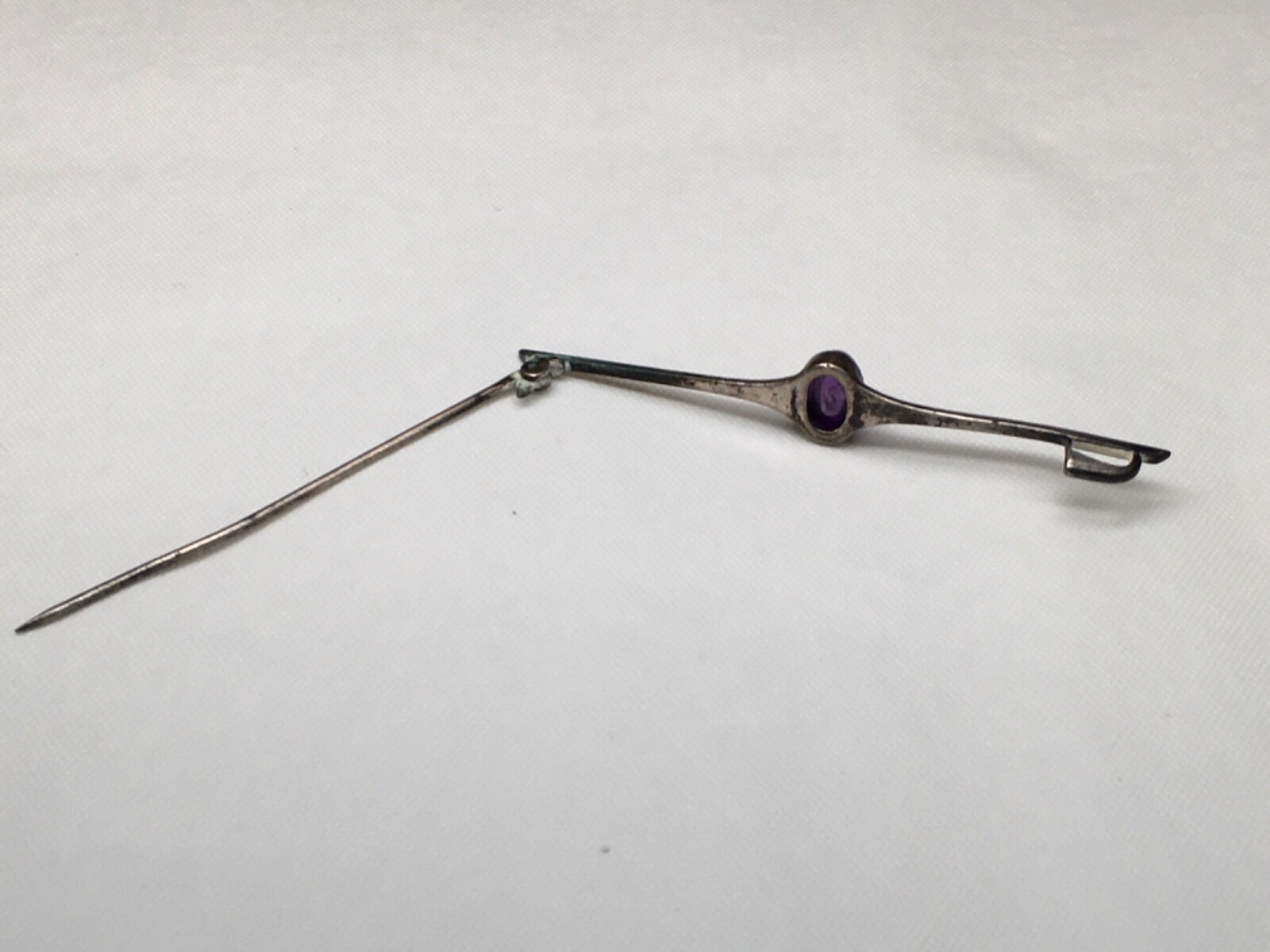 Vintage Brooch Glass OR Natural Purple Stone, 2-3/4″ Long, Unknown Metal.