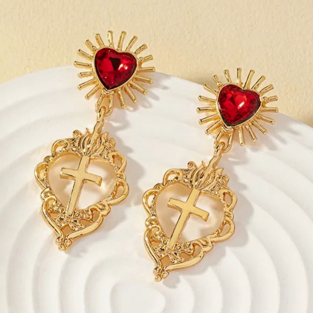 Gold Tone Heart Red Crystal Cross Charm Dangle Drop Earrings Butterfly