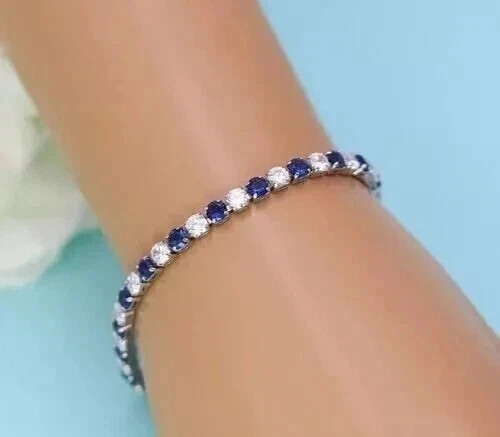 11Ct Round Cut Lab-Created Blue Sapphire Tennis Bracelet 14K White Gold Plated