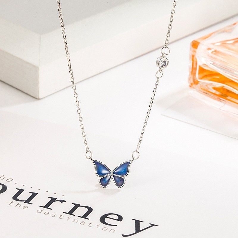 18K White Gold Plated CZ Blue Enamel Butterfly Silver Necklace Color Changing B2