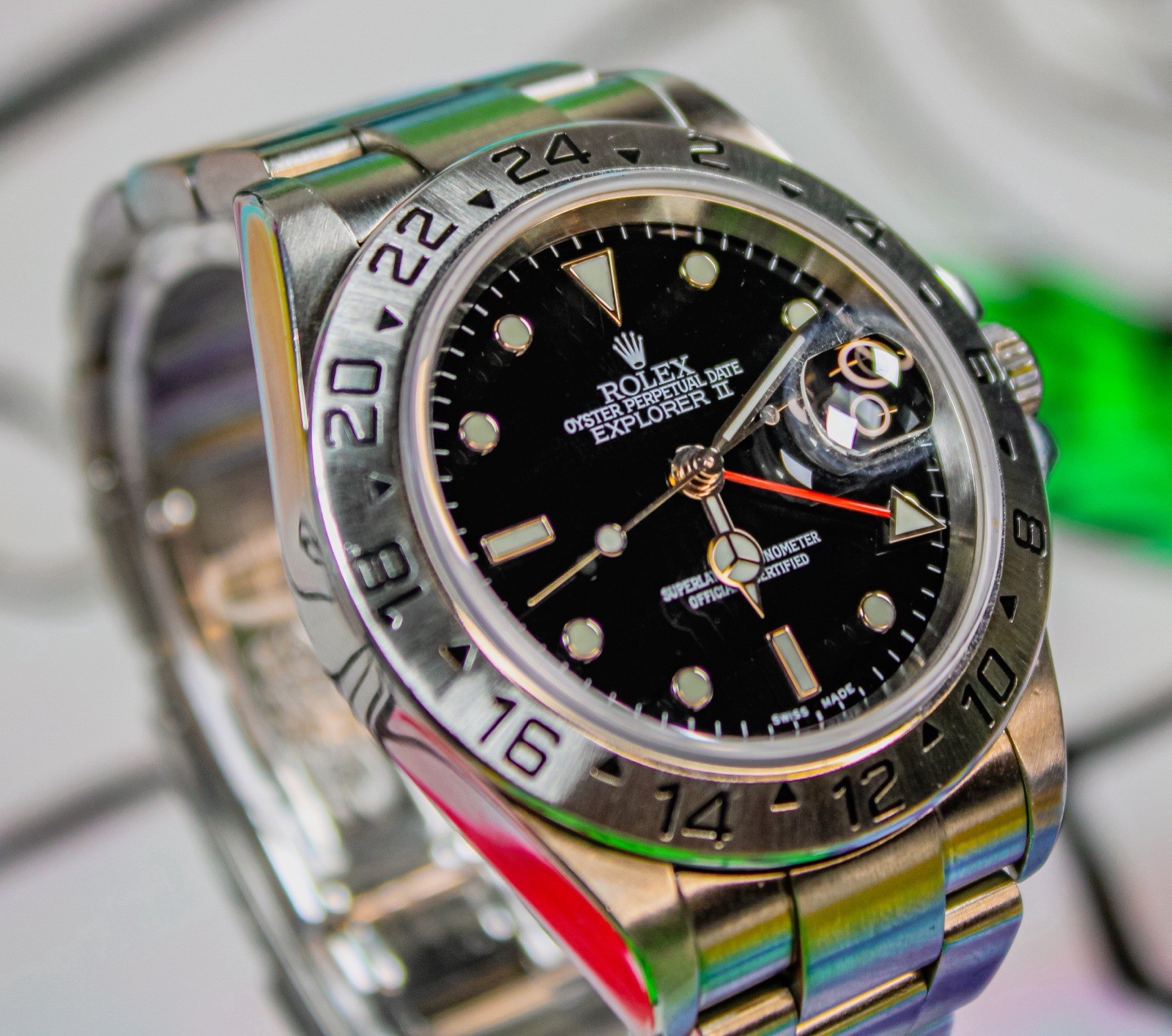 Rolex Explorer 2/ii 16570 Silver Oyster Bracelet with Clasp & GMT Silver Bezel