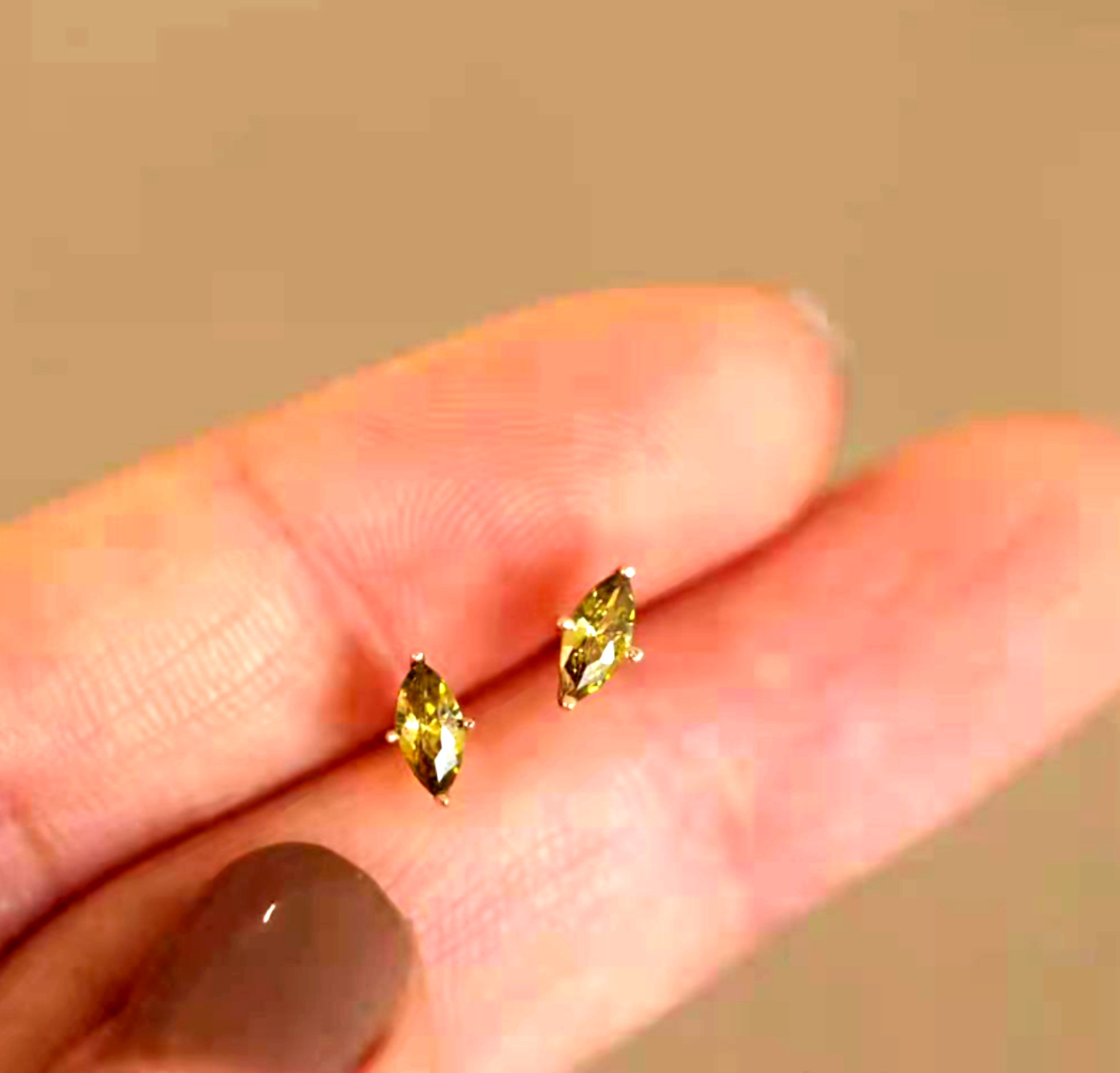 Gold Olive Green Marquise Cubic Zirconia Stud Earrings