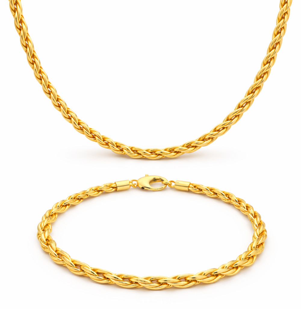 Italian 1/200 14k Yellow Gold Overlay Rope Chain Necklace Bracelet Set Cadena