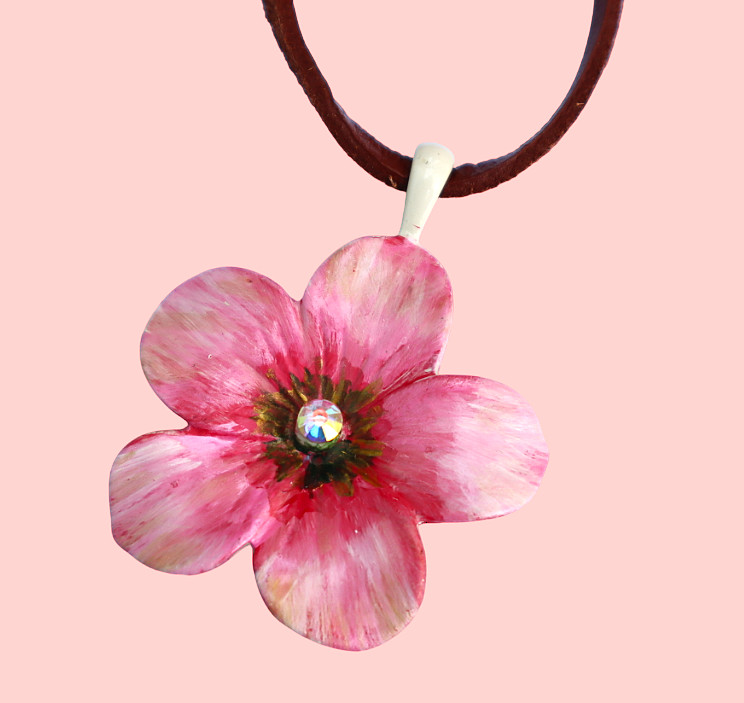 Handmade Large Flower Pendant Leather Necklace Painted Floral Bohemian Jewelry