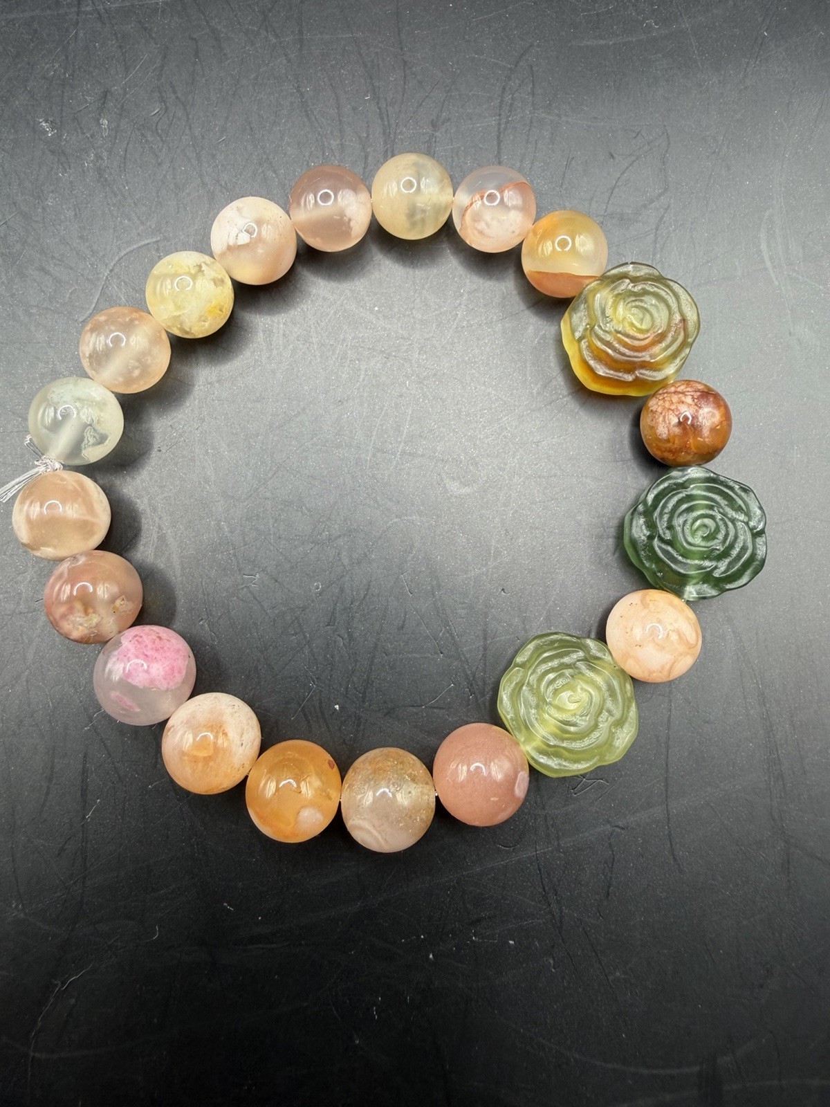 Pink Flower Agate Beaded Bracelet, Featuring a Xiuyan Jade Flower-Shaped Charm