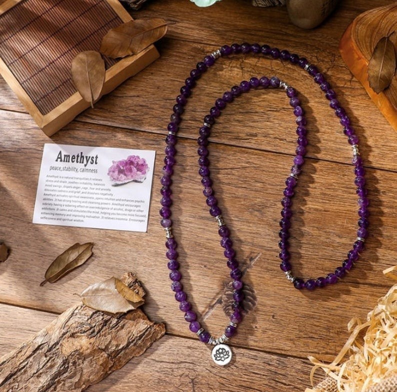 Amethyst 108 Mala Bead Prayer Healing Crystal Necklace Bracelet Talisman Gifts