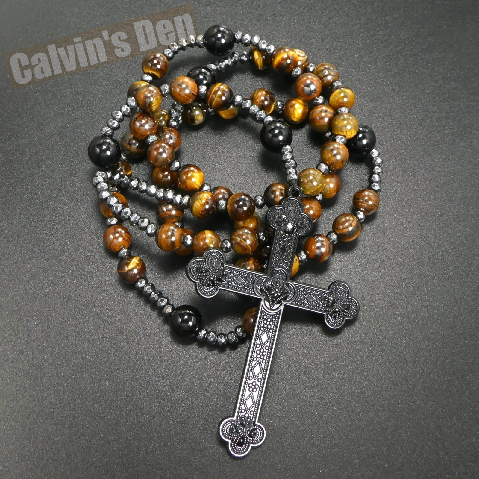 Tiger Eye Black Onyx Beads Gothic Punk Rock Cross Rosary Necklace Heavy Men Gift