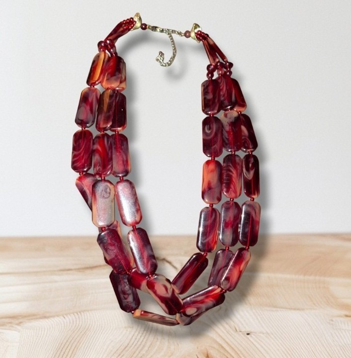 Vintage multiStrand Red swirl acrylic Beads approx 24” Inch statement Necklace