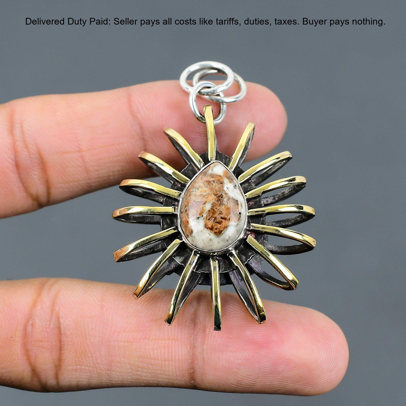 Spessartine Garnet in Limestone Gemstone 925 Silver Cage 18K Gold Plated Pendant