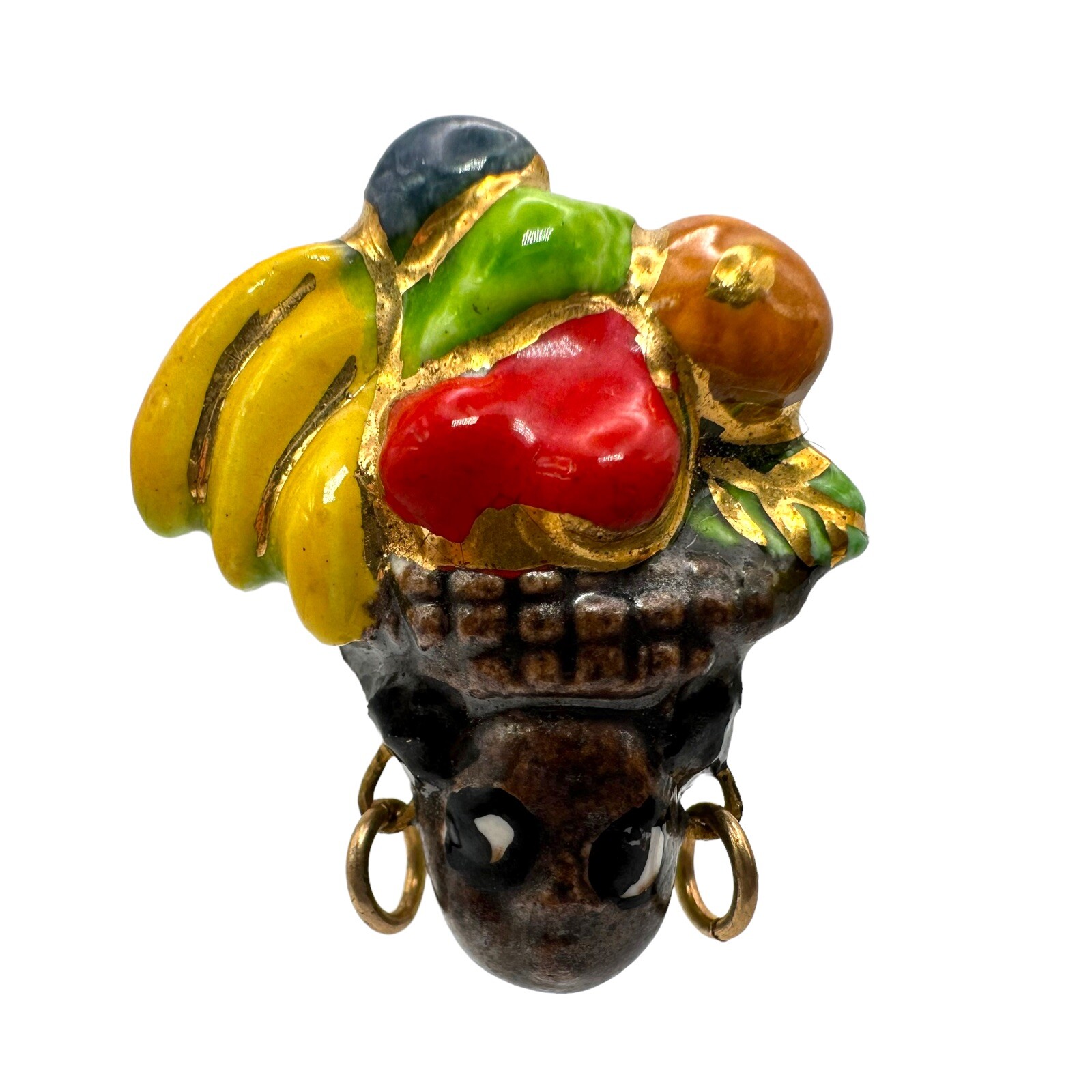 Vtg Ceramic Enamel Carmen Miranda Fruit Headdress Lady Head Clip Earrings