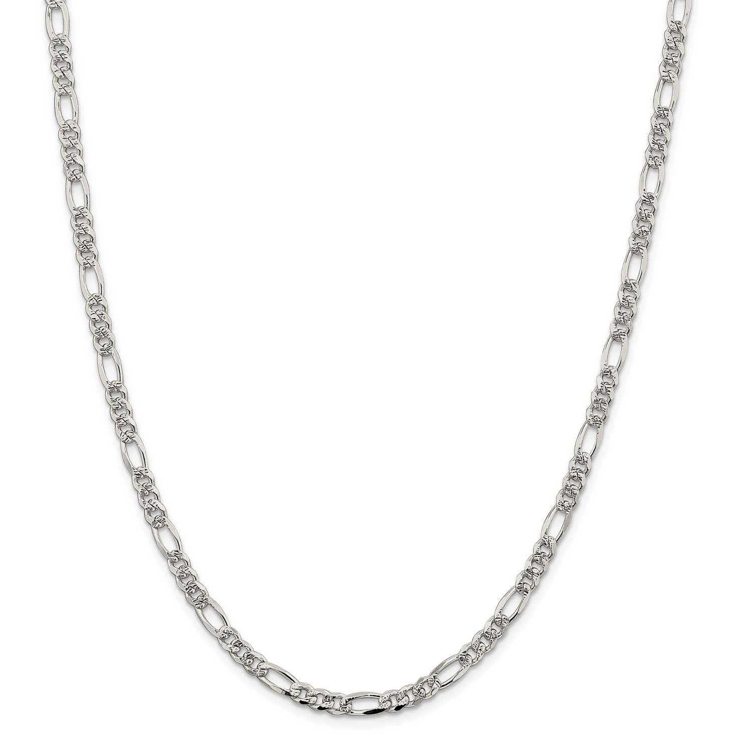 Sterling Silver 4.75mm Pave Flat Figaro Link Chain w/ Lobster Clasp 16″ – 30″
