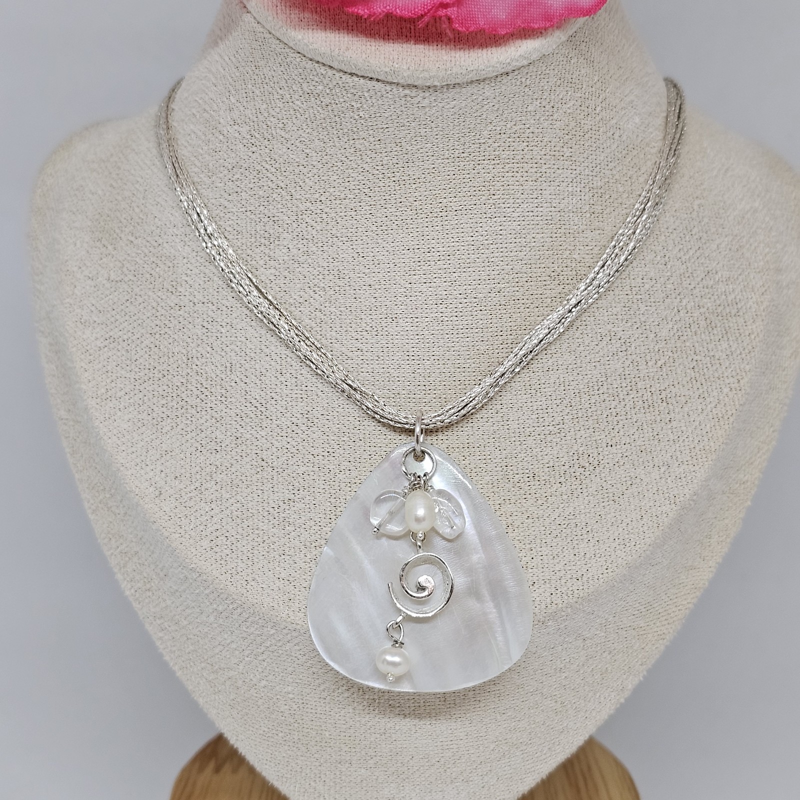 SA 925 Sterling Silver Mother Of Pearl Shell Pendant Multi Chain Necklace 17″