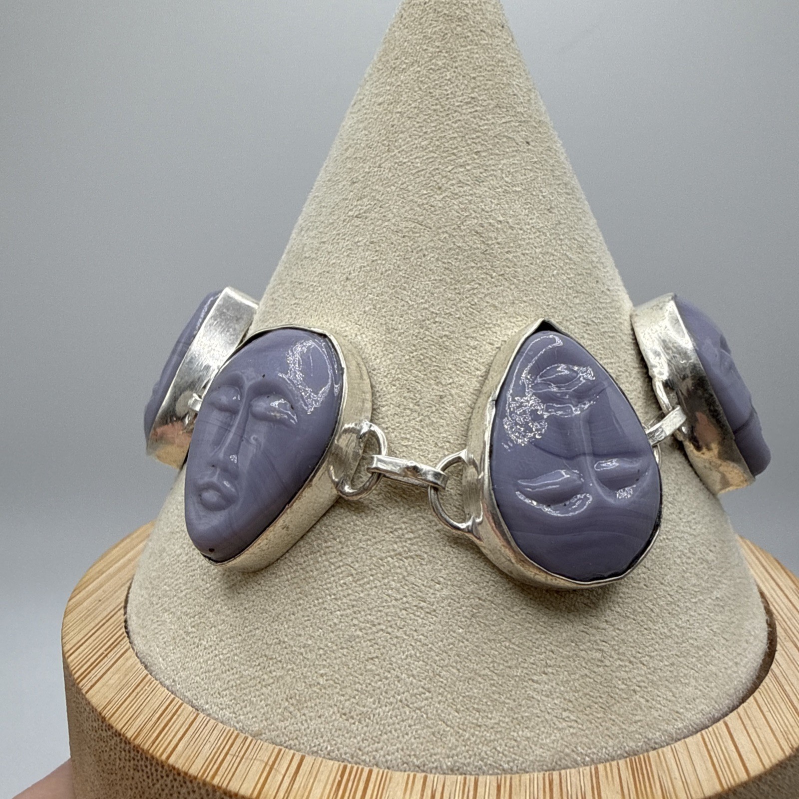 Lavendar Purple Moonface Sterling Silver Plated Link Bracelet 6.5-7.5”