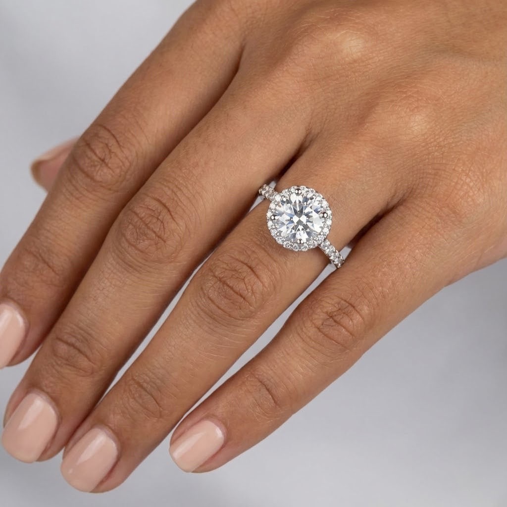14K Gold Side Stone Engagement Ring Halo 1.95 CT Round Lab-Grown Diamond G VS2