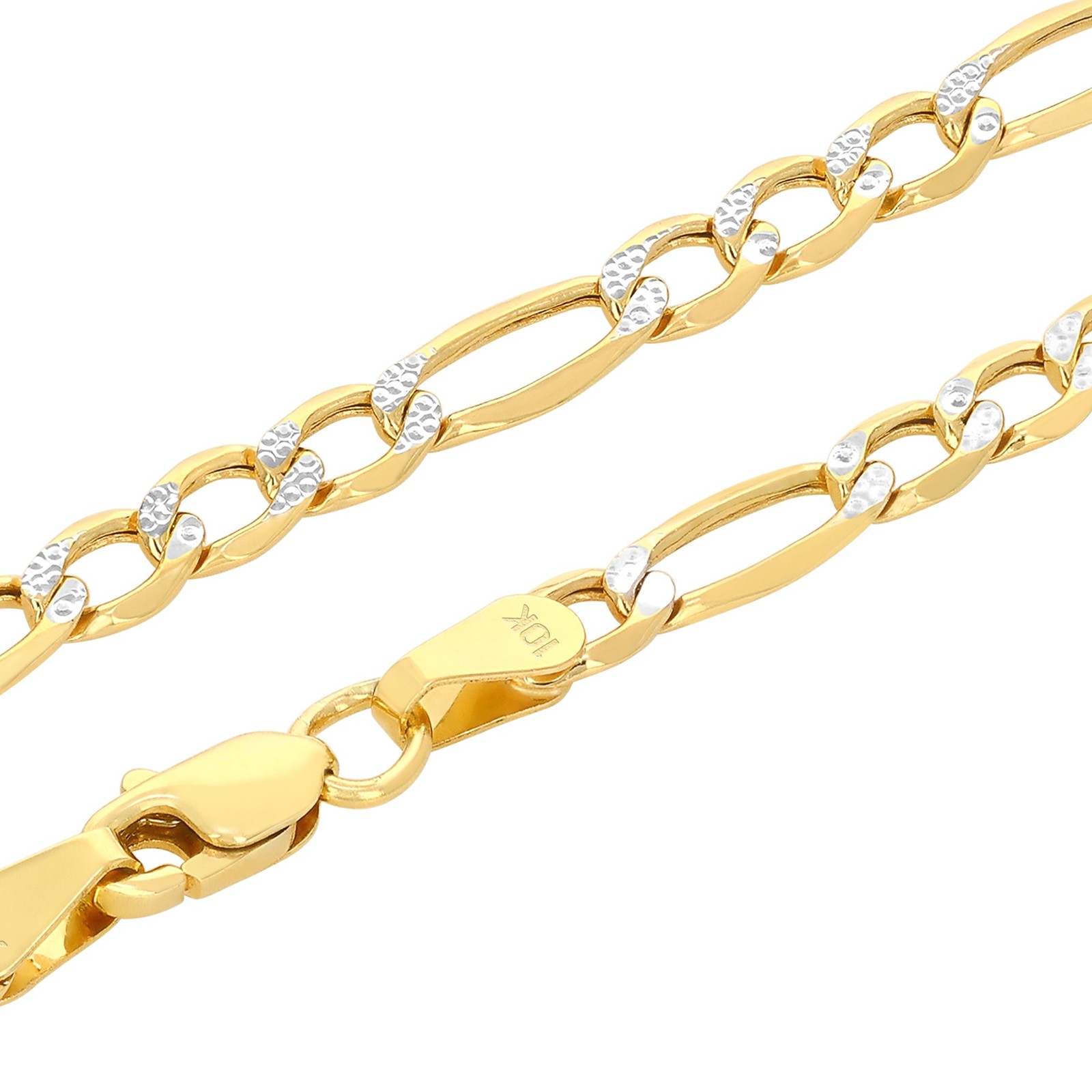 10K Yellow Gold 3.5mm Womens Diamond Cut White Pave Figaro Chain Bracelet 7″