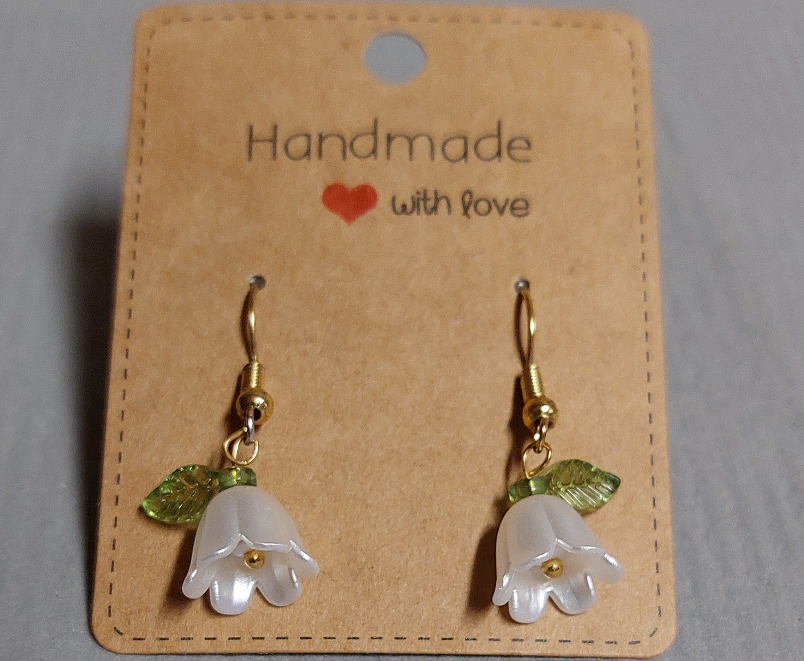 White Cute Flower Earrings, Handmade Jewlery, Gold Color Hooks