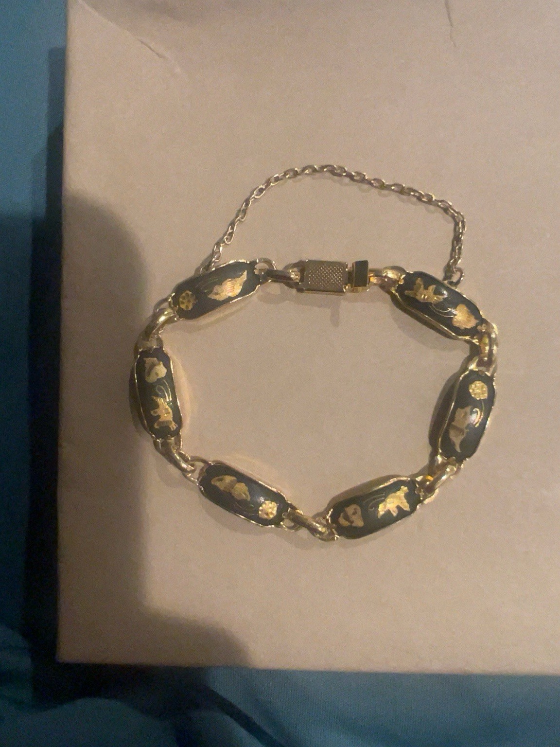 Vintage Damascene Black Enamel Gold Tone Panel Bracelet Elegant Collectible