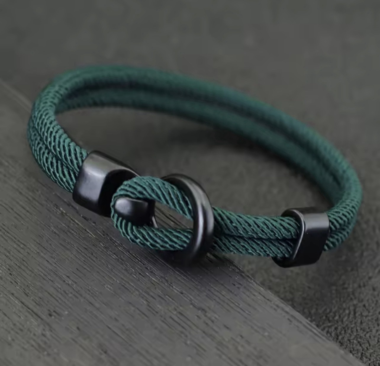 3pcs Men’s green and black braided fabric bracelet set, nautical-style, 20.5cm.