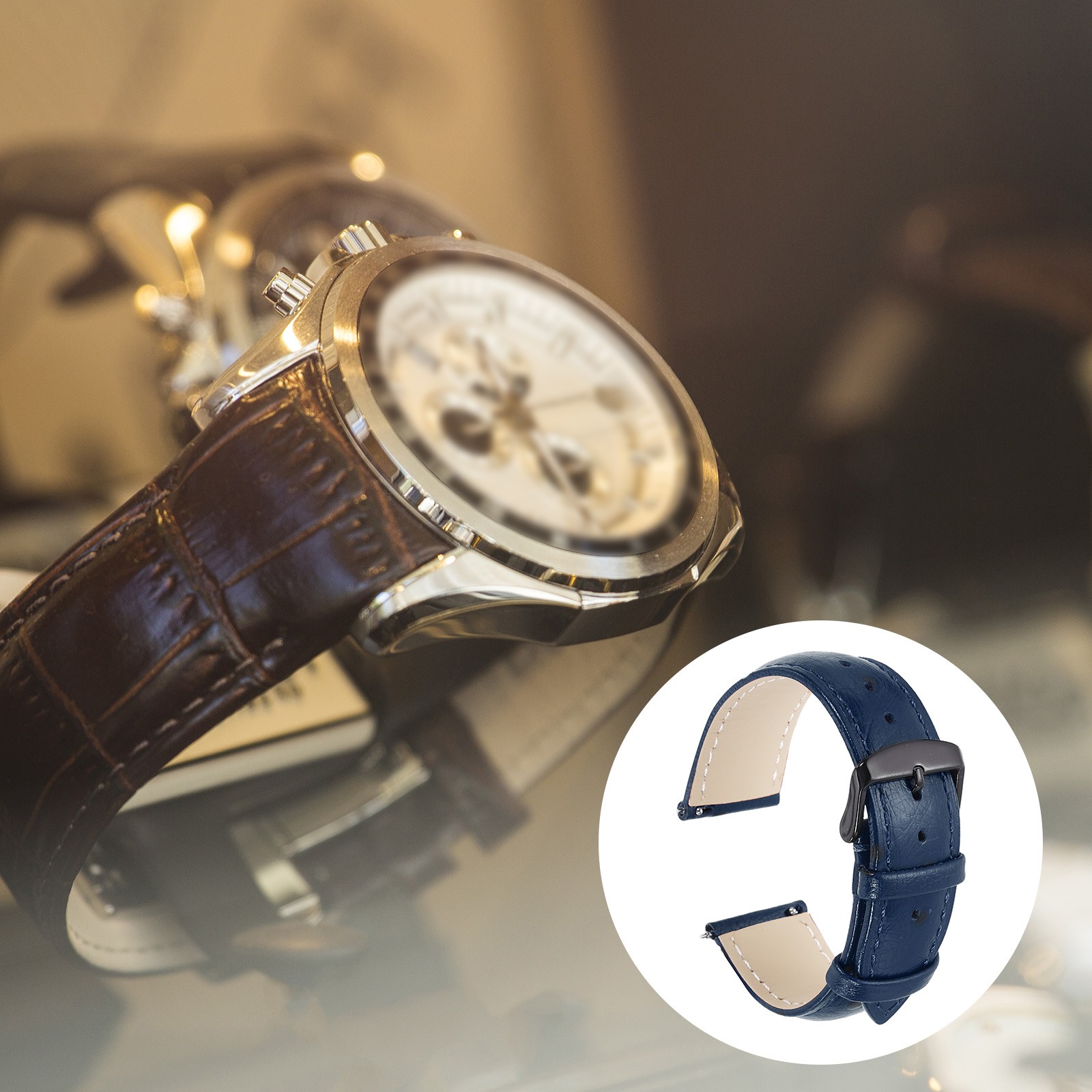 Leather Watch Band 0.87″ 22mm Top Grain Leather Watch Strap Black-Blue