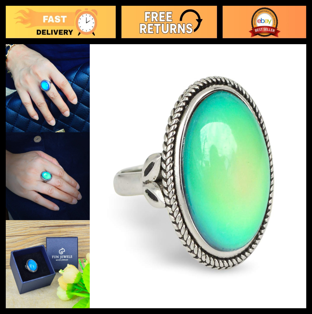 Vintage Adjustable Antique Silver Plated Mood Ring | Color Change Oval Stone, Gi