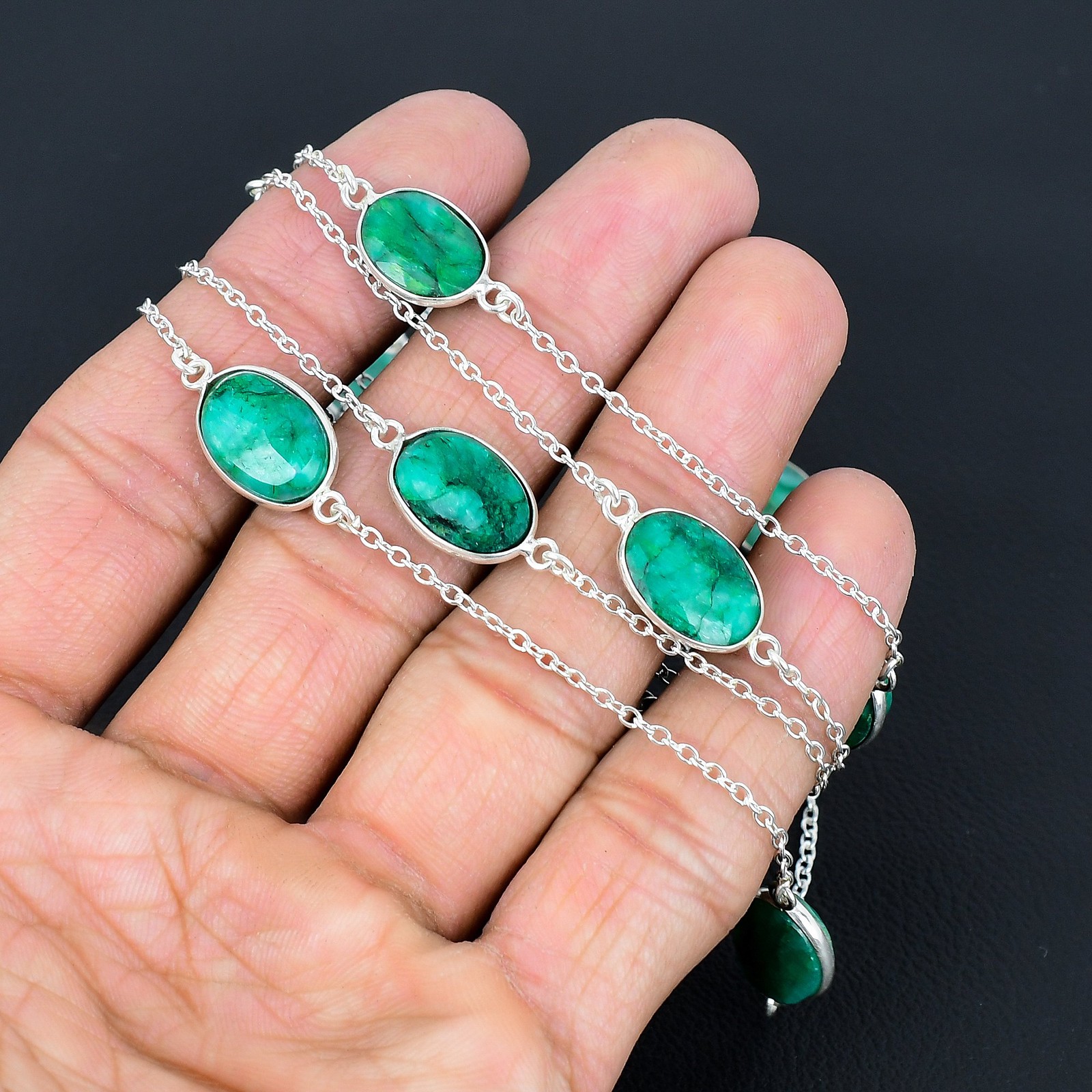Zambian Emrald Oval Gemstone 925 Sterling Silver Jewelry Necklace 36″ VJ 973
