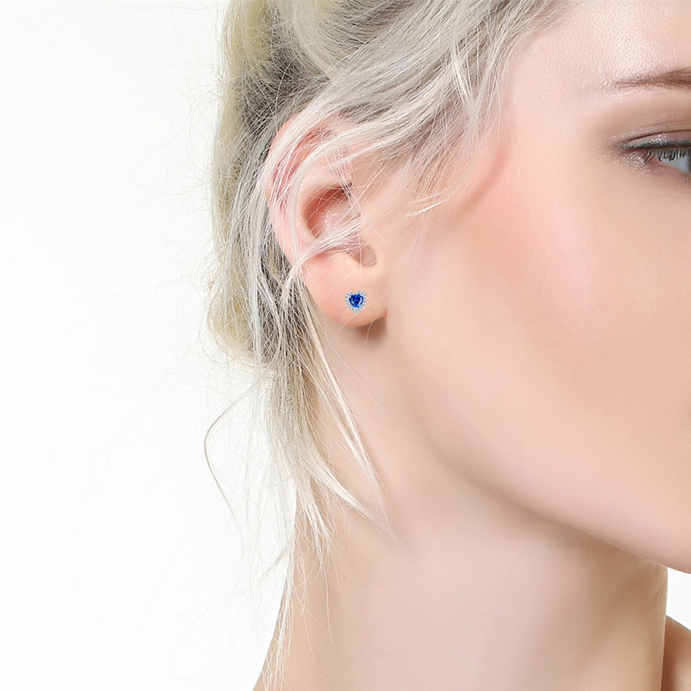 Solid Sterling Silver Simulated Blue Sapphire Heart Shaped Stud Earrings