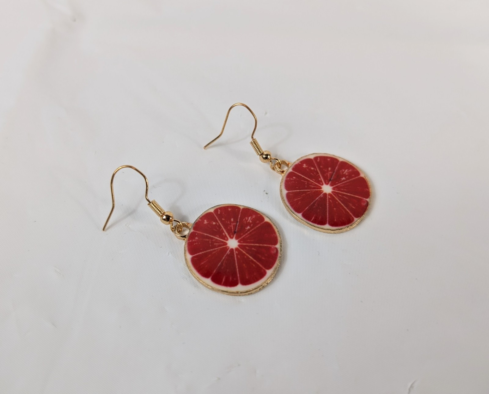 Hook Drop Dangle Pierced Earrings Gold Tone Grapefruit Summer Fruit Food Fun